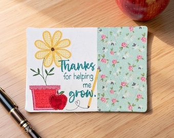Embroidered Teacher Mug Rug: "Thank You For Helping Me Grow" - Quilted Coaster Gift