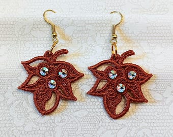 Fall Leaf Earrings - Rhinestones - Embroidered Free Standing Lace