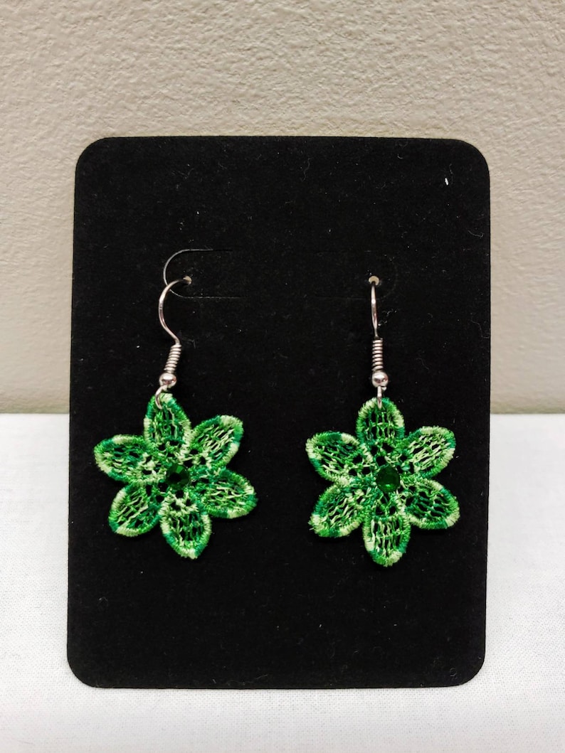 Flower Free Standing Lace Earrings with Green Ombre Embroidery Thread Crystals As Lightweight Can Be Made Clip On Earrings