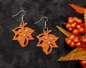 Fall Leaf Earrings - Rhinestones - Embroidered Free Standing Lace