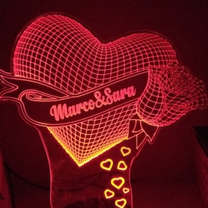 Lâmpada LED para plexi com efeito coração 3D personalizada para aniversário, presente, Dia dos Namorados e casamento ou Dia das Mães