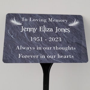 Personalised Memorial Plaque Metal Marker Memory Tree Grave Remembrance Weatherproof Ground Spike / Stake  Names Dates Grey White Feathers