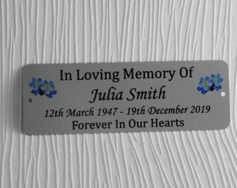 Personalised Memorial Bench Plaque, Silver Remembrance Sign, forget me not plate