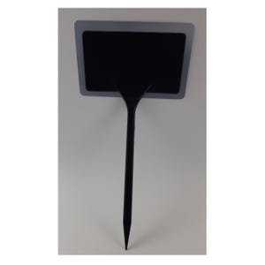 May include: Black plastic plant marker with a rectangular gray label. The marker has a pointed end for inserting into the ground.
