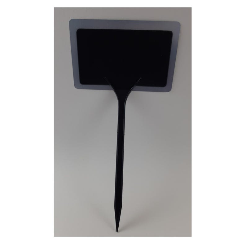 May include: Black plastic plant marker with a rectangular gray label. The marker has a pointed end for inserting into the ground.