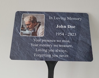 Personalised Photo Memorial Plaque, Grave marker name and stake, Custom grey remembrance tree plate