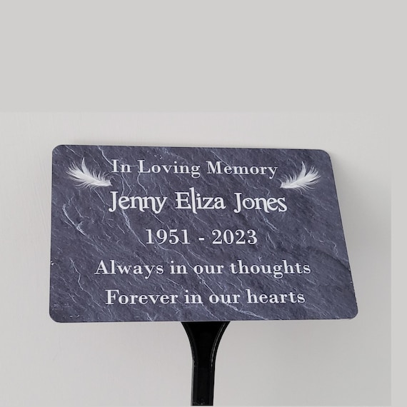 Personalised Memorial Plaque and Stake, Garden Tree Marker, Grave Remembrance, White Feathers