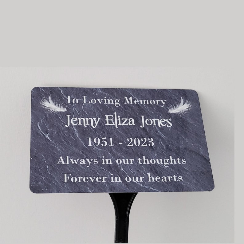Personalised Memorial Plaque and Stake, Garden Tree Marker, Grave Remembrance, White Feathers image 1