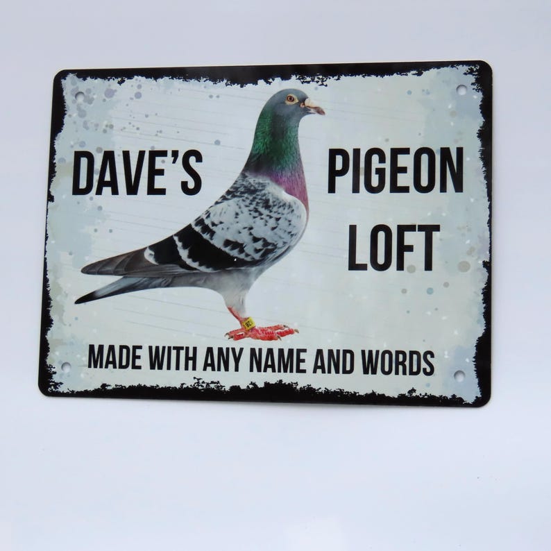 May include: A white metal sign with black text and a picture of a pigeon. The sign says "Dave's Pigeon Loft" and "Made with any name and words".
