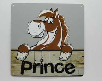 Personalised Pony Stable Door Name Plate Sign Horse Skewbald Brown White Equestrian Tack Room Metal