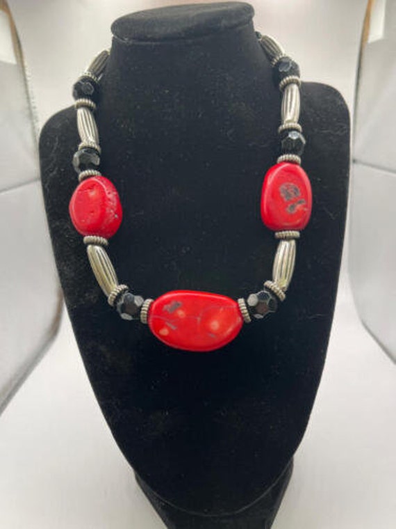 Vintage Red Coral, Jet and Silver Necklace - RARE