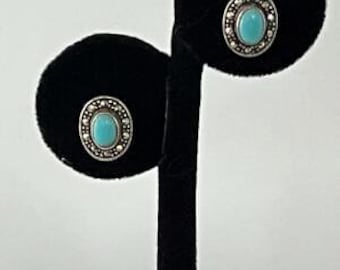 925 Sterling Silver Marcasite Turquoise Stud Earrings