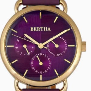 Bertha Gwen Purple Leather-Band Watch with Day and Date NIB with COA
