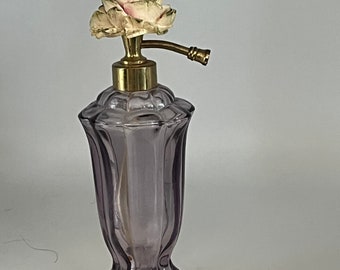 Vintage Purple Fluted Glass Floral Perfume Bottle with Flower