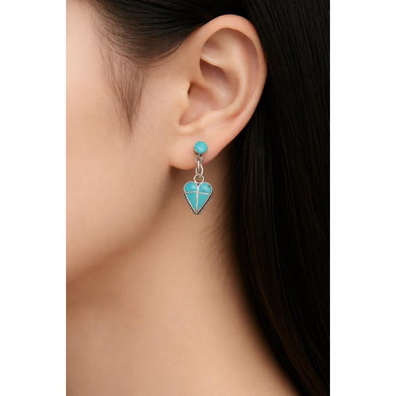Zuni Velda Natascio Sterling Silver Turquoise Heart Post/Dangling Earrings
