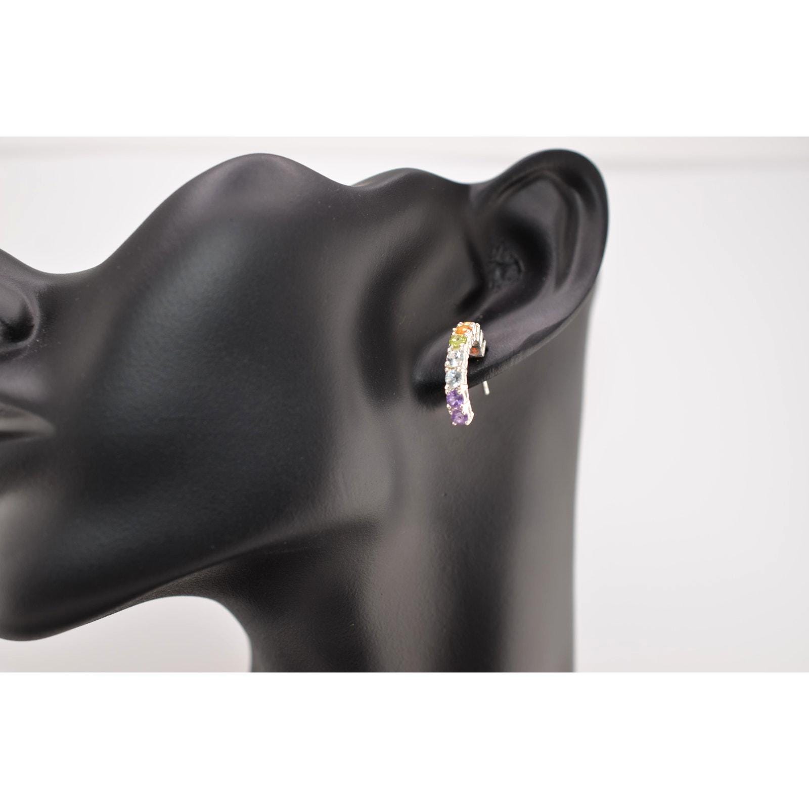 Boucles D'oreilles Vintage En Argent Et Tourmaline Noire - Pendantes à Crochet - Occasion