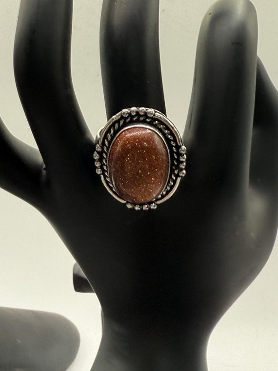 German Silver Red Sun Stone Statement Ring, Size 9 - image 2