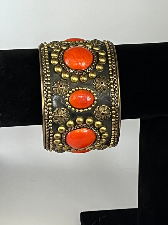 Vintage Brass Cuff Bracelet Ornate Design Orange Stone Cabochons
