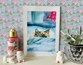 Originalkunst, Peekaboo Kitty in Aquarell, Wohndekoration, Wanddekoration, Geschenk, Geburtstag, Muttertag, Kinderzimmer