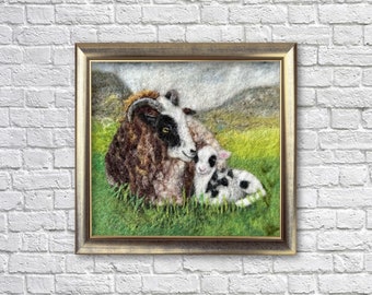 Needle felted Wool Painting of an Ewe sheep and Lamb, 2D Wool Art, home decor, wall decor, gift, baby, nursery, birthday