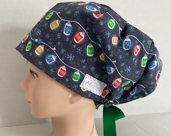Women's Surgical Scrub Hat~Euro Style~Anesthesia Christmas Lights~Lidocaine~Dexmedetomidine~Rocuronium~Snowflakes~Anesthesia Meds