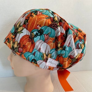 Women's Surgical Scrub Hat~Euro Style~Pumpkins~Halloween~Autumn~Fall Decor~Teal Pumpkins~Food Allergy Awareness~Pumpkin~No Nuts!