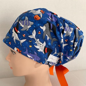 Women's Surgical Scrub Hat~Euro Style~Halloween~Shark~Sharks in Costume~Trick-or-Treat~Pumpkins~Candy Corn~Ocean~Sea Life