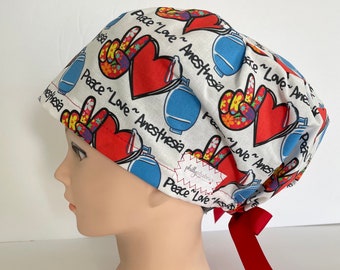 Women's Surgical Scrub Hat~Euro Style~Peace~Love~Anesthesia~Ambu Bag~Mapleson~Anesthesiologist~CRNA~OR Tech~Surgery