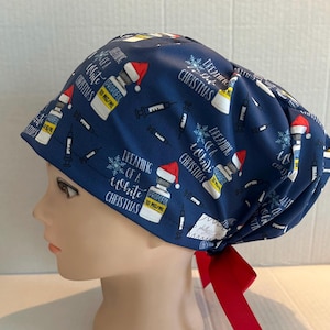 Women&#39;s Surgical Scrub Hat~Euro Style~Anesthesia~Anesthesiologist~CRNA~Anesthetic Meds~Sedation Medication~White Christmas