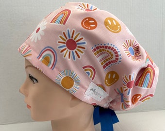 Women's Surgical Scrub Hat~Euro Style~Rainbows~Sunshine~Flowers~Smiley Face~Be Happy!