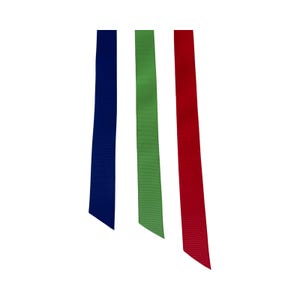 Pode incluir: Tr&ecirc;s fitas de cor s&oacute;lida em azul marinho, verde e vermelho. Cada fita &eacute; orientada verticalmente, com uma superf&iacute;cie texturizada e uma extremidade inferior pontiaguda. Fundo branco.