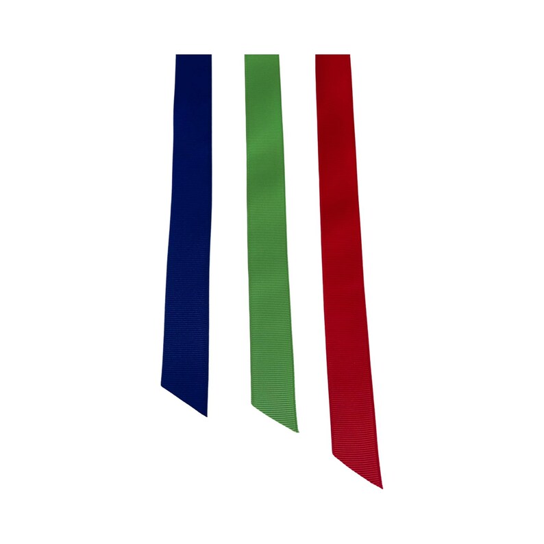 Pode incluir: Tr&ecirc;s fitas de cor s&oacute;lida em azul marinho, verde e vermelho. Cada fita &eacute; orientada verticalmente, com uma superf&iacute;cie texturizada e uma extremidade inferior pontiaguda. Fundo branco.