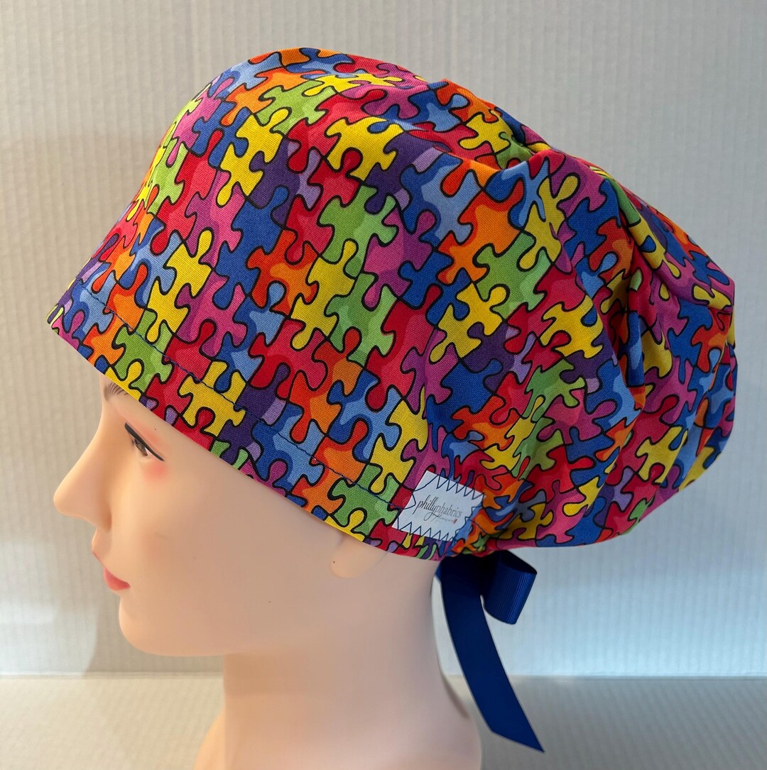 Women's Surgical Scrub Hat~euro Style~autism Speaks~puzzle Pieces ...