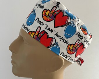 Men's Surgical Scrub Hat~with Ties~Peace~Love~Anesthesia~Ambu Bag~Mapleson~Anesthesiologist~CRNA~OR Tech~Surgery
