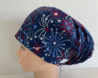 Blue and White Patriotic Stars Women's Euro Style Scrub Cap. 4th of July women surgical hat