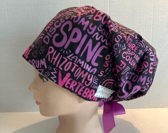 Hot New Print! Women's Surgical Scrub Hat~Euro Style~Neurosurgeon~Spine~Spine Team~Vertebrae~Scoliosis~Neurosurgery~Rods~Fusion~Thoracic