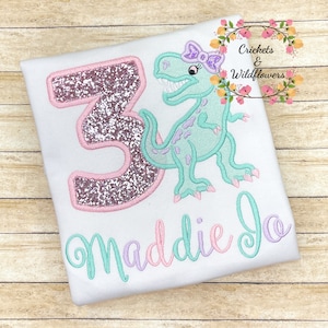 TRex Birthday Shirt for Girl, 3rd Birthday Shirt for Girl, 3rd Birthday Dino Shirt, Girly Dinosaur Birthday Shirt, Three-Rex Dinosaur Party