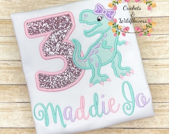 TRex Birthday Shirt for Girl, 3rd Birthday Shirt for Girl, 3rd Birthday Dino Shirt, Girly Dinosaur Birthday Shirt, Three-Rex Dinosaur Party