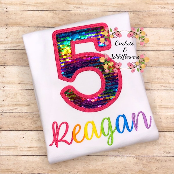 Rainbow Sequins Shirt, Rainbow Mermaid Birthday Shirt for Girl, 5th Birthday Shirt for Girl, 5th Birthday Shirt, Shiny Birthday Shirt