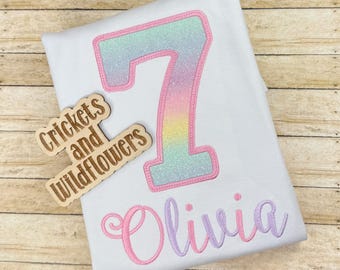 7th Birthday Shirt for Girl, Rainbow Birthday Shirt, Number Birthday Shirt for Girl, Girls 7th Birthday, Rainbow Sparkle 7 Birthday Shirt,