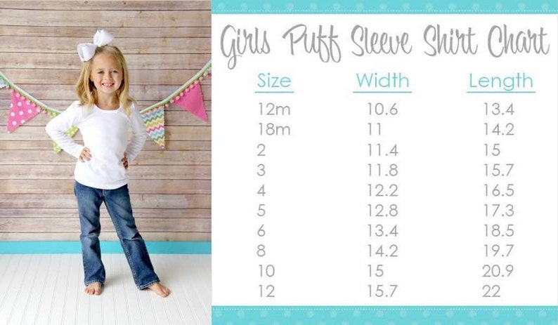 K&ouml;nnte beinhalten: Eine Tabelle mit den Gr&ouml;&szlig;en von Puff&auml;rmelshirts f&uuml;r M&auml;dchen mit den entsprechenden Breiten- und L&auml;ngenma&szlig;en in Zoll. Die Tabelle zeigt Gr&ouml;&szlig;en von 12 Monaten bis 12 Jahren.