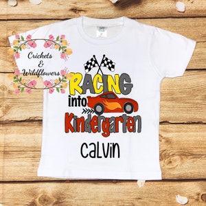 Racing Into Kindergarten, Hello Kindergarten Back To School Shirt, First Day of School Shirt for Boy, Race Car Back to School Shirt
