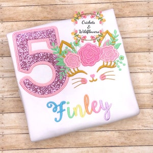 Cat Birthday Shirt for Girl, Kitty Birthday Shirt for Girl, 5th Birthday Shirt for Girl, Floral Kitten Birthday Shirt, Kitten Birthday Party