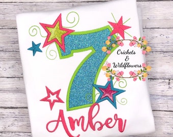 7th Birthday Shirt for Girl,  Stars Birthday Shirt, Number with Stars Birthday Shirt, Girls 7th  Birthday Shirt, 7th Birthday Party Shirt