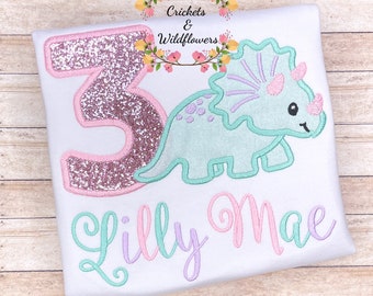 Dinosaur Birthday Shirt for Girl, 3rd Birthday Shirt for Girl, 3rd Birthday Dino Shirt, Girly Dinosaur Birthday Shirt, Dinosaur Party