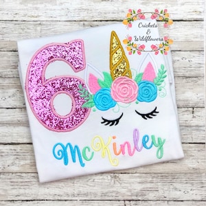Camiseta de cumpleaños de unicornio, camiseta de unicornio para niñas, camiseta de unicornio con flores, camiseta de cumpleaños de unicornio floral, camiseta de sexto cumpleaños para niñas, arcoíris
