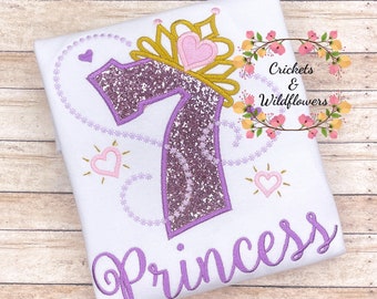 7th  Birthday Shirt for Girl, Princess Birthday Shirt, Number with Crown Birthday Shirt, Girls 7th  Birthday Shirt, Princess Birthday Party,
