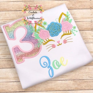 Cat Birthday Shirt for Girl, Kitty Birthday Shirt for Girl, 3rd Birthday Shirt for Girl, Floral Kitten Birthday Shirt, Kitten Birthday Party