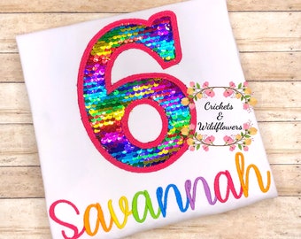 Rainbow Sequins Shirt, Rainbow Mermaid Birthday Shirt for Girl, 6th Birthday Shirt for Girl, 6th Birthday Shirt, Shiny Birthday Shirt