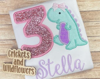 TRex Birthday Shirt for Girl, 3rd Birthday Shirt for Girl, 3rd Birthday Dino Shirt, Girly Dinosaur Birthday Shirt, Three-Rex Dinosaur Party